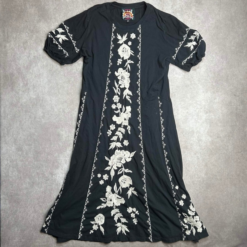 Johnny Was Seamed Camille Midi Dress Black Embroidered Cotton Floral